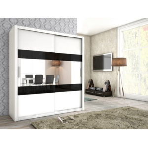 Stylová šatní skříň s posuvnými dveřmi ALDOS 180 se zrcadlem bílý mat + černé sklo