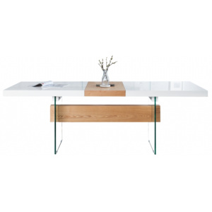 Inviro Rozkládací jídelní stůl POLON 160-200 cm, bílá/sklo/dub