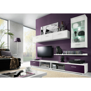 Obývací stěna v moderní bílé a fialové barvě KN367