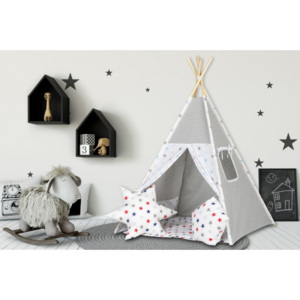 Stan pro děti teepee, týpí s výbavou - šedý / barevné hvězdičky