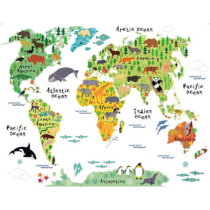 ZOOYOO Samolepka na zeď mapa světa zvířátka 73 x 95 cm