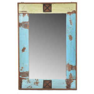 Rám se zrcadlem ze starého teakového dřeva, tyrkysová patina, 63x93x4cm