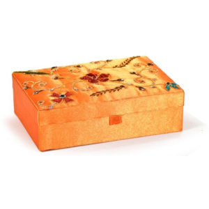 Ručně vyšívaná šperkovnice, oranžová s květinami, 18x13x5,5cm