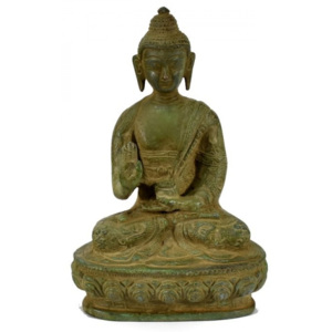 Mosazná soška, Buddha Amoghasiddhi, zelená patina, 15x23cm