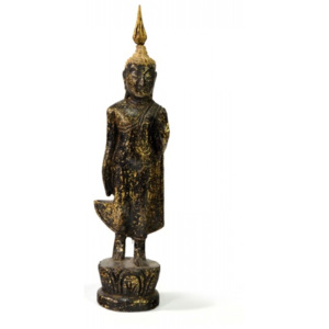 Narozeninový Buddha, pondělí, teak, černo-zlatá patina, 23cm