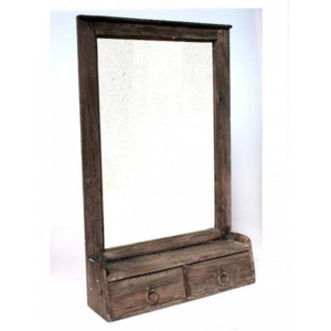 Zrcadlo ve dřevě se zásuvkami, šedo-hnědá patina, rozměr 70x45 cm - Interservis