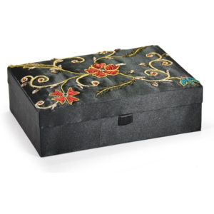 Ručně vyšívaná šperkovnice, černá s květinami, 18x13x5,5cm