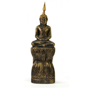 Narozeninový Buddha, čtvrtek, teak, černo-zlatá patina, 23cm