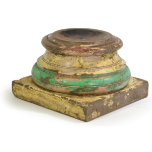 Dřevěný svícen z antik teakového sloupu, zeleno-bílá patina, 30x30x20cm