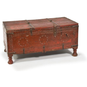 Dřevěná antik truhla z teaku, železné kování, červená, 52x29x25cm