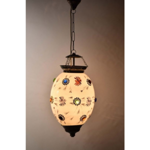 Oválná skleněná lampa zdobená barevnými kameny, bílá, ručně malovaná, 40x25cm