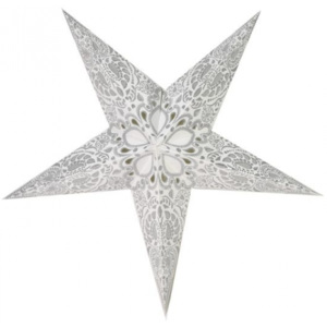 Vánoční hvězda, bílé stínidlo, stříbrný dekor, 5cípů, 60cm