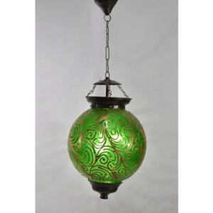 Kulatá skleněná lampa zdobená zlatými ornamenty, zelená, 25x35cm
