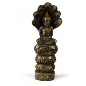 Narozeninový Buddha, sobota, teak, černo-zlatá patina, 23cm