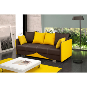 Rozkládací pohovka s úložným prostorem v kombinaci hnědé a žluté barvy F1096