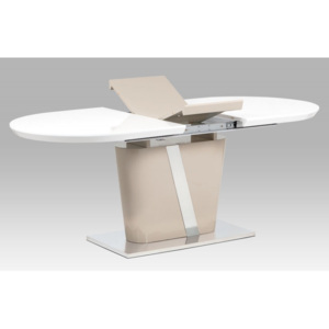 HT-238 CAP - Rozkládací jídelní stůl 160+40x90 cm, vysoký lesk cappuccino + bílá / broušený nerez