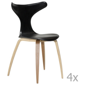 Sada 4 černých kožených jídelních židlí s přírodním podnožím DAN– FORM Dolphin