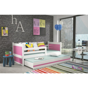 Dětská postel s přistýlkou v kombinaci bílé a růžové barvy 90x200 F1133