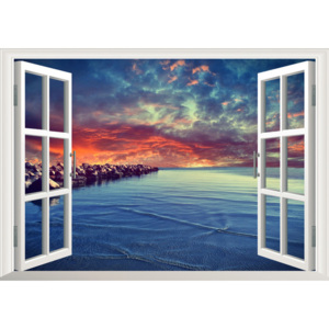 ZOOYOO Samolepka na zeď 3D okno večerní pláž 48 x 68 cm