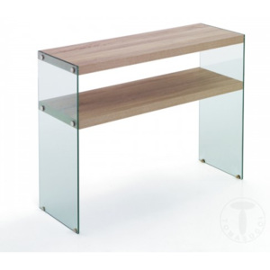 Konzola - stolek Nancy TOMASUCCI (barva - Boky tvrzené sklo, police a příčky vyrobené z ekologických panelů dřevěných třísek, MDF dub úprava)