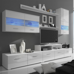 Sedmidílná obývací stěna s LED 250 cm vysoký lesk bílá
