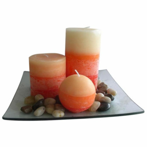 TORO Dárkový set 3 svíčky s vůní pomeranče na skleněném podnosu s kameny