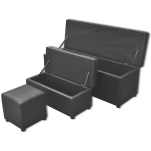 Černé koženkové úložné lavice s taburetem, sada 3 ks