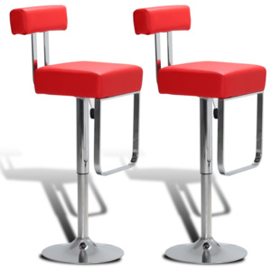 2 ks Červené nastavitelné otočné koženkové barové stoličky s opěradly