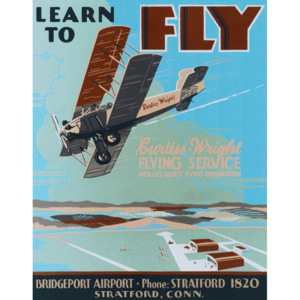 Plechová cedule: Learn to Fly / Biplane - 40x30 cm