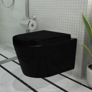 Černé závěsné keramické WC s pomalým sklápěním (soft close)