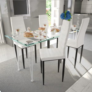 Jídelní set: bílé židle štíhlé 4 ks a 1 skleněný stůl