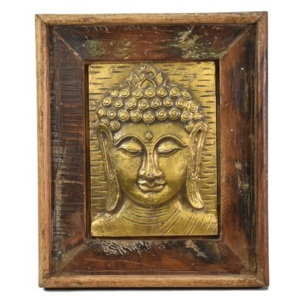Obraz recyklovaného teakového dřeva, relief Buddhy z tepaného kovu, 25x29x3cm