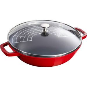Litinový wok se skleněnou poklicí Staub, 30 cm, višňová
