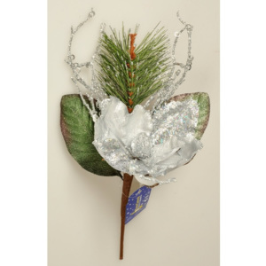 Vánoční větvička Magnólie s korálky stříbrná