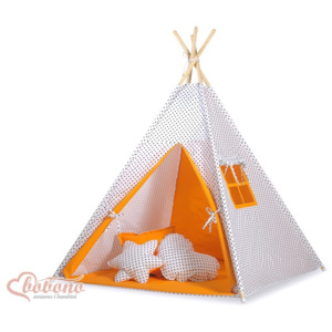 Dětský stan TÝPÍ s oboustrannou dekou (bez polštářků) - tečky na bílém + oranžová