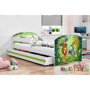 Dětská postel v zelené barvě s moderním motivem zvířat 80x160 F1227