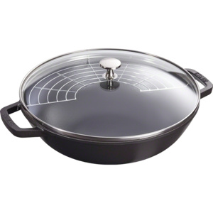 Litinový wok se skleněnou poklicí Staub, 30 cm, černá