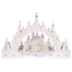 Vánoční LED svícen Zimní krajina, kostel a krmítko, 35 x 23 x 7,5 cm