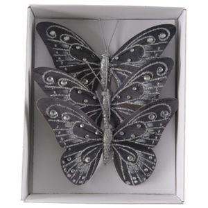 Motýl 12cm 3ks šedá+glitr