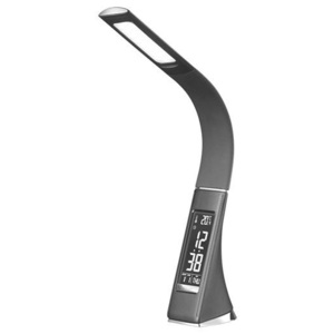 Solight Luxusní LED stolní lampička s displejem, černá kůže