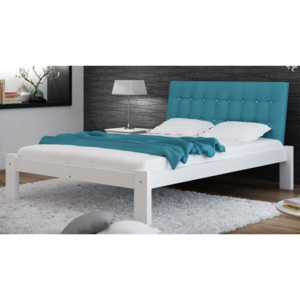 AMI nábytek Bílá dřevěná postel Murano 140x200 s čalouněným záhlavkem a knoflíky tyrkysové barvy