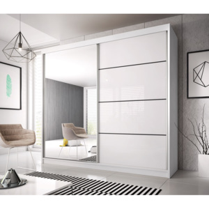 Šatní skříň MULTI 35 (233cm) bílá SKLADEM + (Moderní šatní skříň s posuvnými dveřmi v provedení bílá)