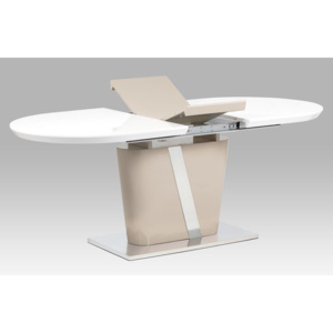Rozkládací jídelní stůl oválný 160x90 cm vysoký lesk cappuccino bílá a broušený nerez HT-238 CAP AKCE