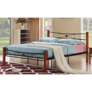 Manželská kovová postel, s roštem, kov + dřevo-třešeň, 160x200, AMARILO