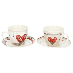 Sada 2 šálků s podšálky na čaj / kávu BRANDANI (barva - porcelán, bílá/červená)