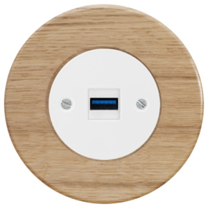 Komplet RETRO dřevo dub světlý - zásuvka USB, Kryt: bílý, Rám: dřevo dub světlý