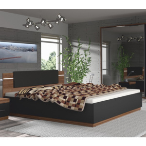 Manželská postel s LED osvětlením 180x200 v dekoru ořech a černá TK3119