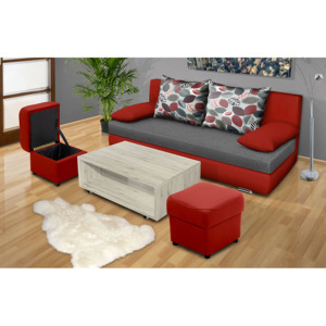 Rozkládací pohovka Avenue + stolek + 2 taburety Barva: eko kůže červená/šedá/stůl San remo