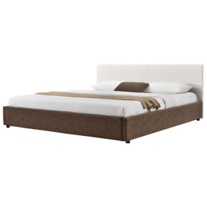 [my.bed] Elegantní manželská postel - 140x200cm (Záhlaví: textil krémová / Rám: alcantara koženka hnědá) - s roštem