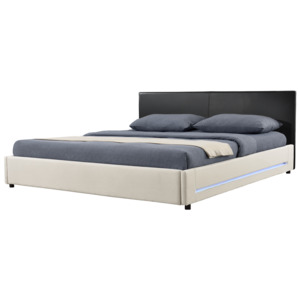 [my.bed] Elegantní manželská postel s LED podsvícením - 180x200cm (Záhlaví: koženka černá / Rám: textil krémová) - s roštem